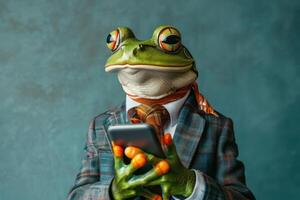 Studio Photo Portrait of a Happy Frog in Business Clothing