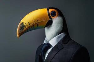 Studio Photo Portrait of a Happy Toucan in Business Clothing