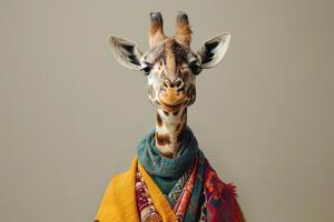 Studio Portrait of a Giraffe in Boho Clothes Doing Meditation photo
