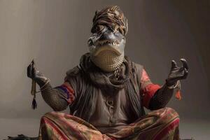 Studio Portrait of a Crocodile in Boho Clothes Doing Yoga photo