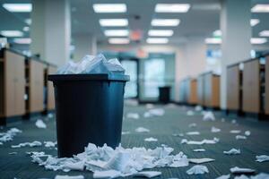 Office Corner with a Full Trash Can photo