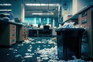 Office Corner with a Full Trash Can photo
