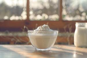 Fresh White Bio Yogurt Served in a Glass Bowl with Milk photo