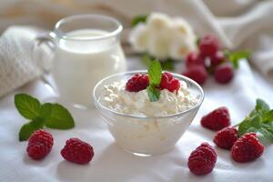 White Bio Yogurt in a Glass Bowl and Cup of Milk photo