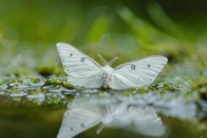 Fragile White Moth Resting on the Surface of Water photo