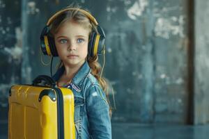 Young Girl in Headphones with a Yellow Suitcase photo