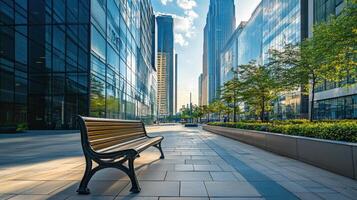 Abandoned bench in a contemporary business area. photo