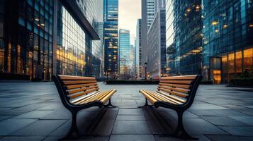 Old, vacant bench located in a modern commercial district. photo