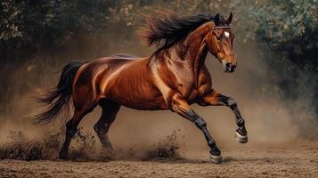 Strong Brown Horse Jumping in an Arena photo