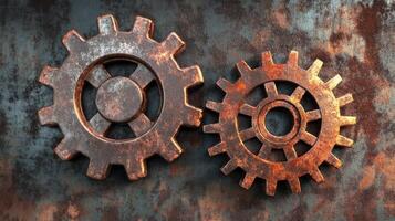 Rusty and polished gears in motion representing cooperation photo