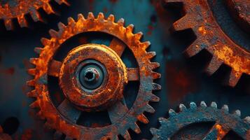 Rusty and polished gears in motion representing cooperation photo