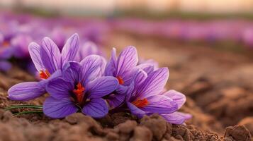 Saffron blossoms from mature saffron crocus plants. photo