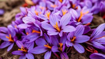 Saffron blossoms from mature saffron crocus plants. photo