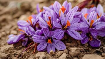 Fully grown saffron crocus flowers producing vibrant saffron blossoms. photo