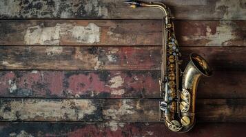 Saxophone set against an ancient vintage wooden backdrop photo