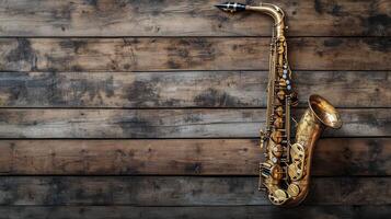 Saxophone set against an ancient vintage wooden backdrop photo
