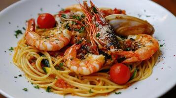Seafood spaghetti featuring prawns, shellfish, and zucchini. photo