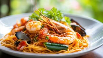 Seafood spaghetti featuring prawns, shellfish, and zucchini. photo