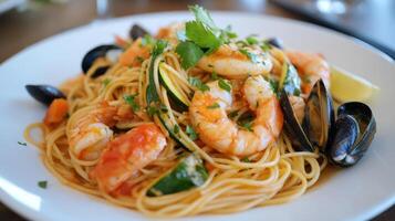 Spaghetti with prawns, shellfish, and zucchini in a seafood medley. photo