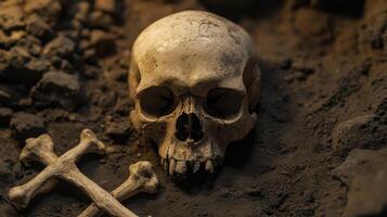 Skull and bones discovered from a pit in a spooky, deserted place. photo