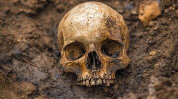 Unearthed skull and bones found in an eerie, abandoned pit. photo