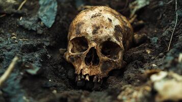 Unearthed skull and bones found in an eerie, abandoned pit. photo