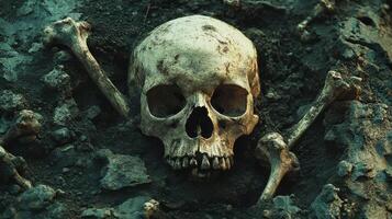 Skull and bones discovered from a pit in a spooky, deserted place. photo