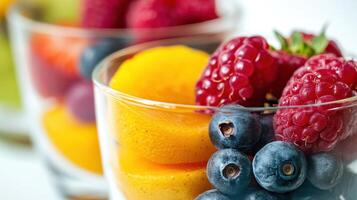 Glass of sliced fruit garnished with berries on top. photo