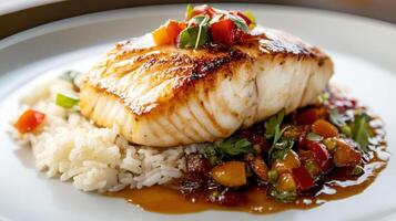 Smoked halibut served on a bed of rice on a white plate. photo