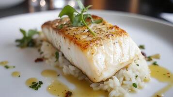 Smoked halibut served on a bed of rice on a white plate. photo