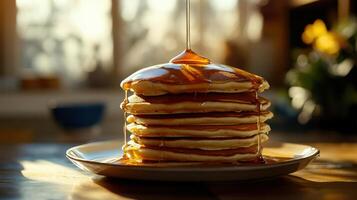 Stack of Pancakes with Maple Syrup on a Plate photo