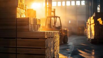 Wooden Stacks in a Bright Warehouse with Forklift Operation photo