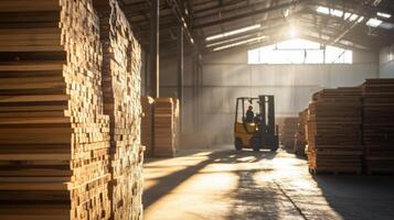Wooden Stacks in a Bright Warehouse with Forklift Operation photo