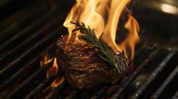 Flame-Grilled Steak with a Rosemary Garnish and Savory Aroma photo