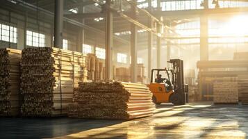 Piles of Lumber Bathed in Sunlight Inside a Warehouse with a Forklift photo