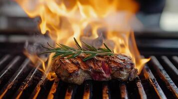 filete A la parrilla terminado fuego con Romero adornar para un delicioso terminar foto