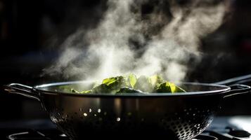 Steam Rising from a Vegetable Colander in a Dark Kitchen photo