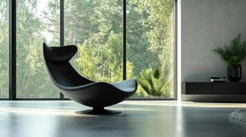 A modern home features a chic black designer lounge chair. photo