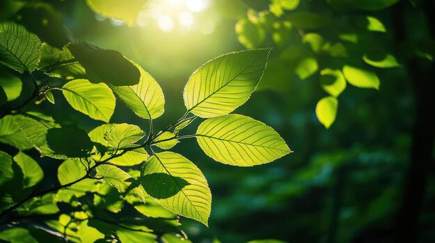 Sunlight Illuminating Green Leaves in a Forest photo
