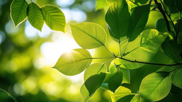 Sunlight Illuminating Green Leaves in a Forest photo