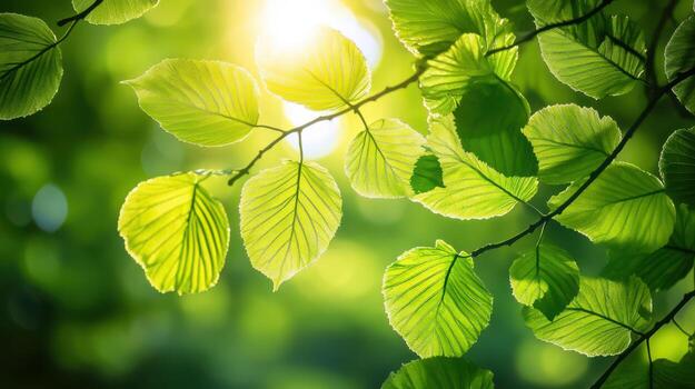 Sunlight Illuminating Green Leaves in a Forest photo