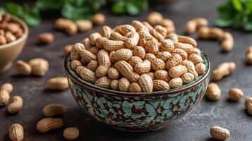 Tabletop arrangement of sweet peanut candies in a decorative bowl. photo