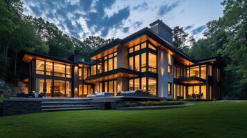 The image shows a spacious contemporary home featuring multiple rooms and modern design elements. photo