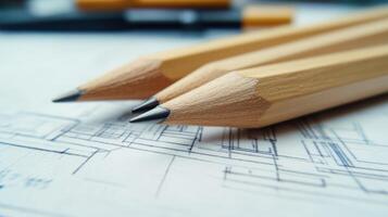 Three pointed wooden pencils rest on a blueprint with architectural details. photo