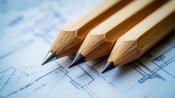 A set of three sharpened wooden pencils is placed on top of a blueprint drawing. photo