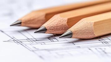 Three pointed wooden pencils rest on a blueprint with architectural details. photo