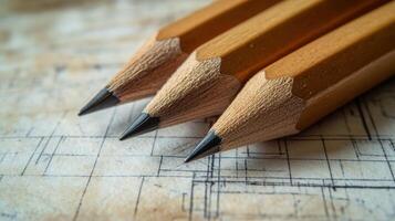 A set of three sharpened wooden pencils is placed on top of a blueprint drawing. photo