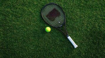 Top view of a tennis racket and ball resting on green grass. photo