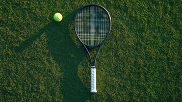 Top view of a tennis racket and ball resting on green grass. photo