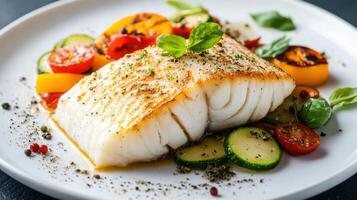 White plate featuring cod fillet accompanied by vegetables. photo